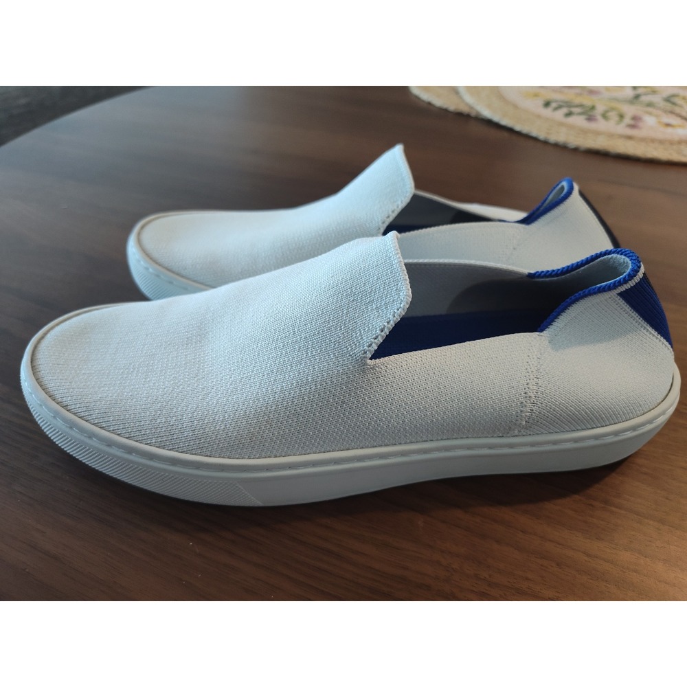 Rothys The Sneaker Bright White Slip On Knit Shoes Womens 7.5 Blue Stripe
